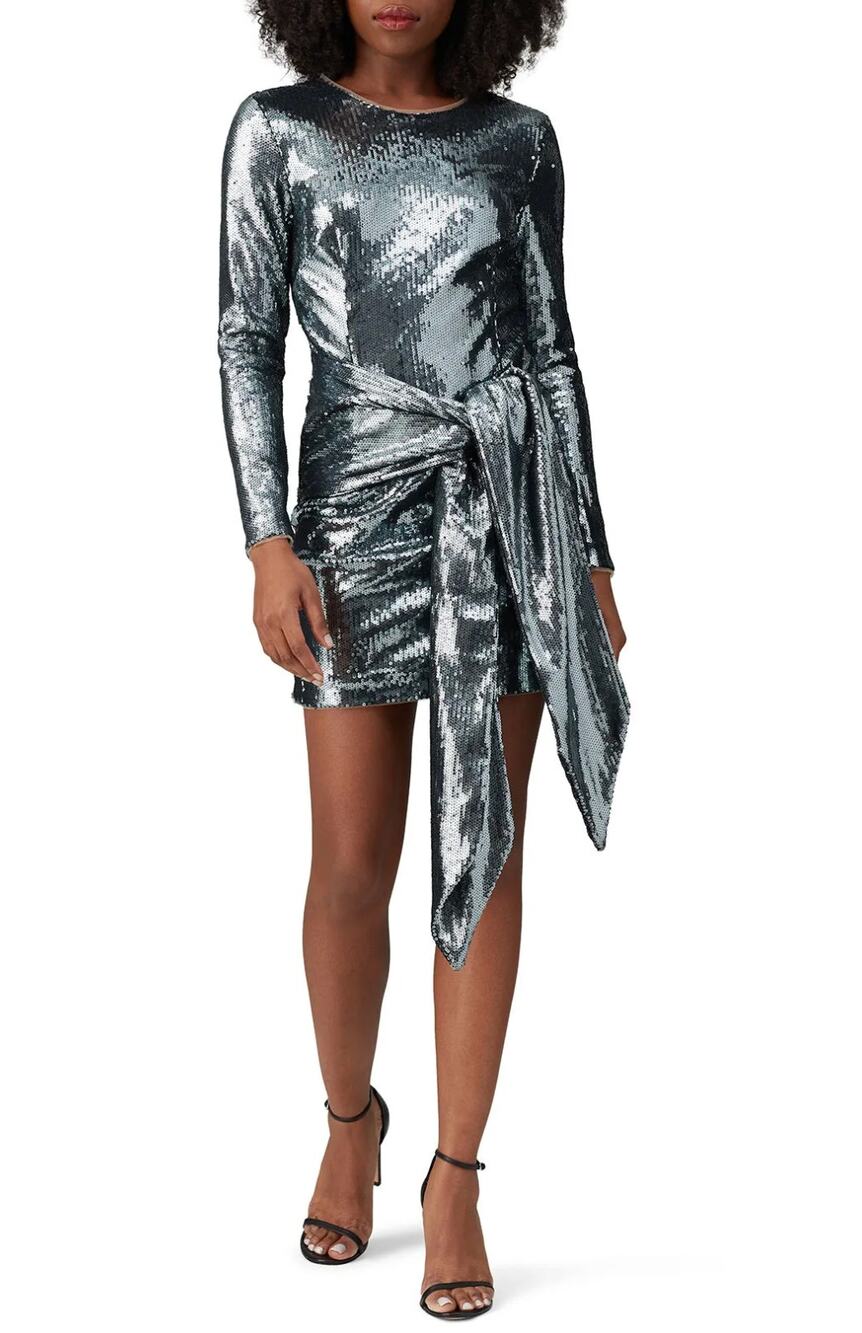 NEW Toccin Carlotta Sequin Mini Dress Womens 4 Gunmetal Gray Sash Tie Party